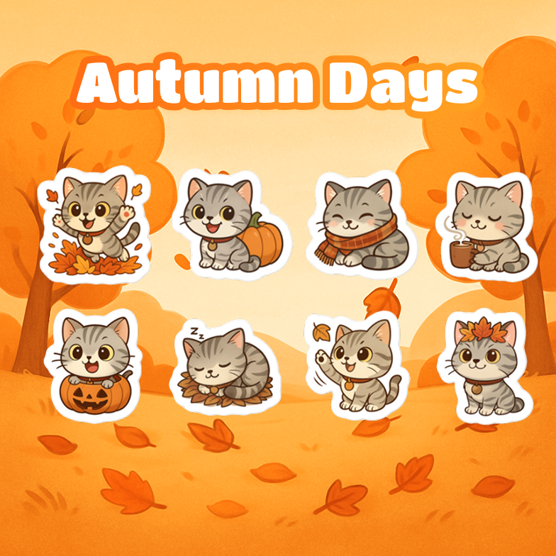 Illustrations of cartoon cats with autumn-themed elements on a background with trees and leaves.