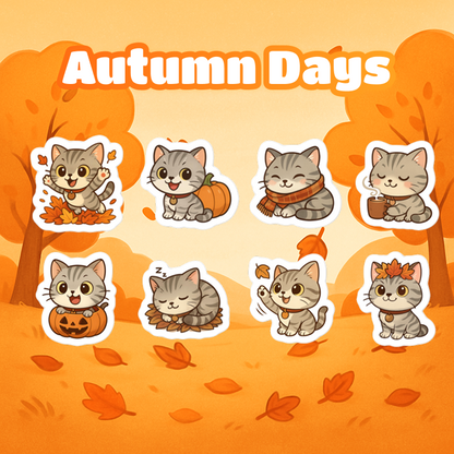 Illustrations of cartoon cats with autumn-themed elements on a background with trees and leaves.