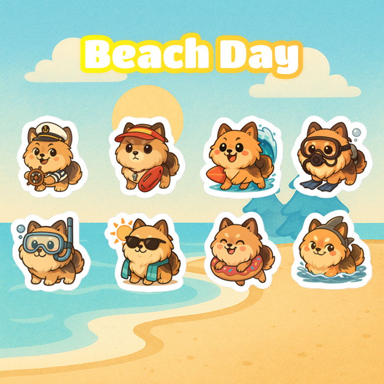 Illustrations of cartoon dogs on a beach with 'Beach Day' text.