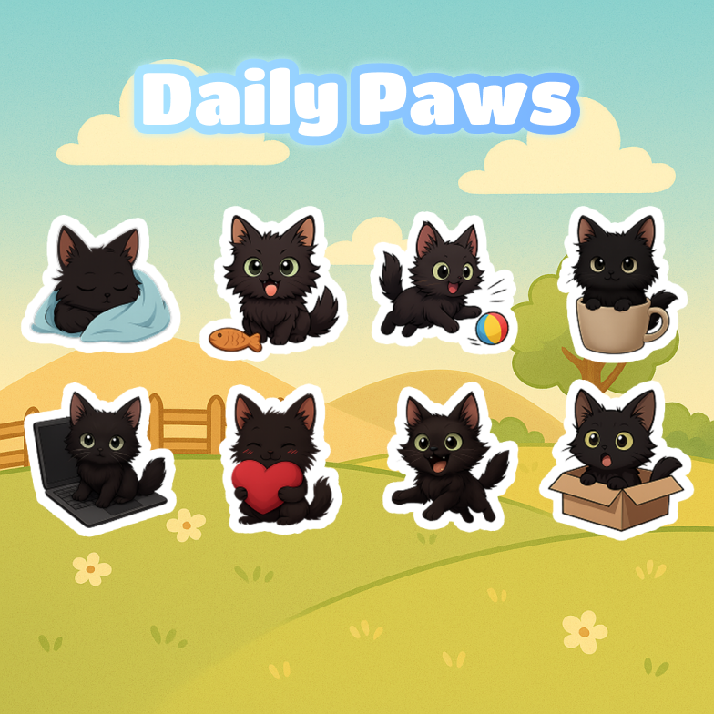 Illustrations of a black cat in various poses with 'Daily Paws' branding.