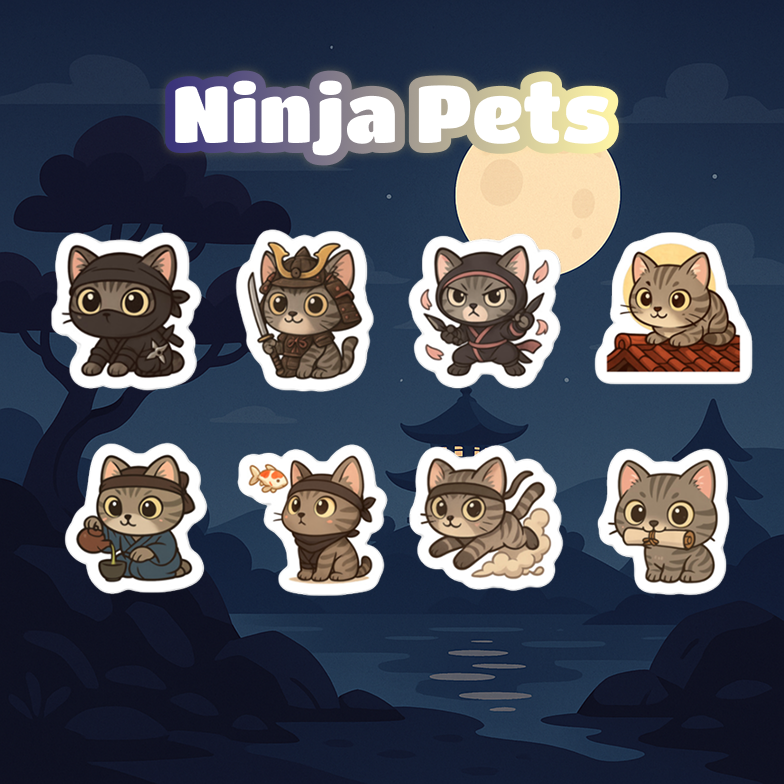 Illustrations of ninja-themed pets on a dark forest background with 'Ninja Pets' text.