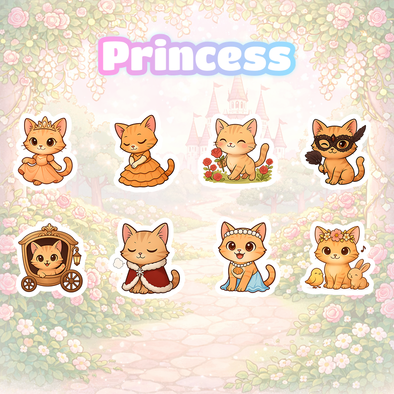Set of cartoon cat princesses with various accessories on a floral background