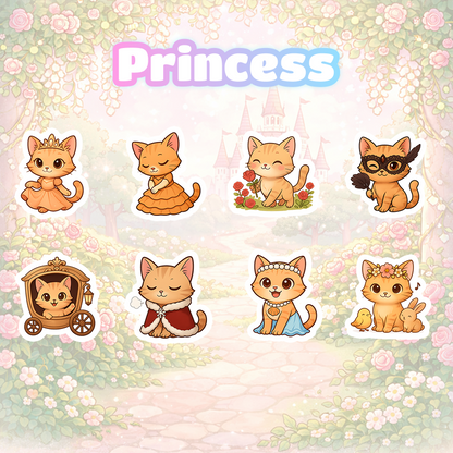 Set of cartoon cat princesses with various accessories on a floral background