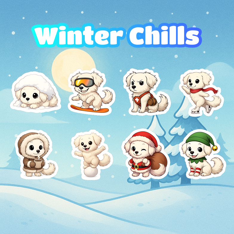 Illustrations of dogs in winter-themed outfits with 'Winter Chills' text on a snowy background.